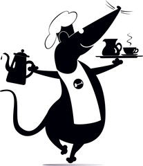 Rat or mouse a cook. Tray, coffee, tea cup, cream, pot.
Funny rat or mouse carries a tray with coffee or tea cup and cream in one hand and a tea or coffee pot in another. Black and white illustration
