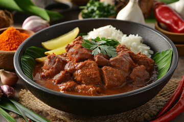 Fototapeta premium Traditional Beef Rendang - Indonesian Slow-Cooked Spiced Meat Dish with Rice and Banana Leaf Garnish