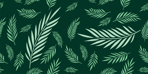 Illustration pattern leaves palms in Green background for fashion design or other products