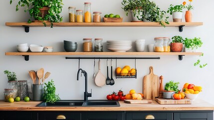 Bamboo kitchen with open shelving, black cabinetry, natural lighting, clean and sustainable space