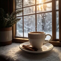 The photo shows a white cup on a saucer sitting on a windowsill. Snow is falling outside, and in the blurred background, snow-covered trees create a feeling of winter atmosphere and coziness.