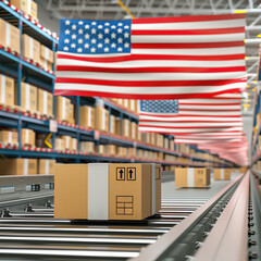 A warehouse scene in the United States, with packages moving along a conveyor belt under the American flag. Rows of shelves stocked with boxes create a sense of scale, emphasizing logistics, shipping