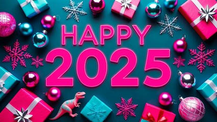 Happy 2025 z ozdobami świątecznymi - obrazy, fototapety, plakaty