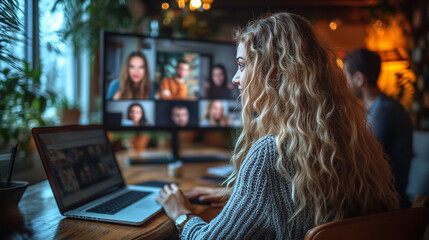 Professional group engaging in a video conference with team members on a screen: A team sits around a table, each with visible five-fingered hands typing on laptops or taking notes