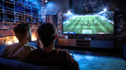 Two friends sit together in a cozy, dimly lit living room, watching a soccer match on a large TV screen. The warm atmosphere, focused expressions, and game on the screen 