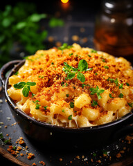 Creamy mac and cheese baked to golden perfection, topped with crispy breadcrumbs and garnished with fresh parsley served in a rustic bowl