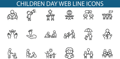 Children Day Web Line Icons Illustration
