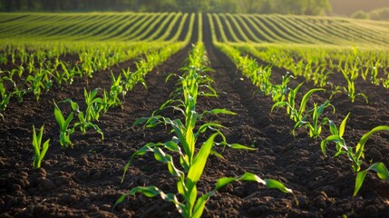 Naklejka premium Rows of young corn plants growing in a field, with a hilly, green field in the background.