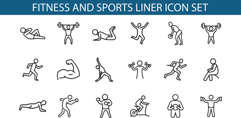Fitness and Sports Liner Icon Set Illustration