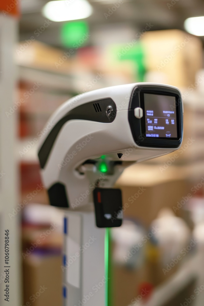 Poster close up of barcode scanner in action, capturing data efficiently in warehouse setting. device featu