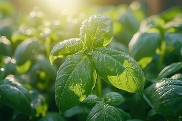 Dew-Covered Basil Leaves in Sunlight