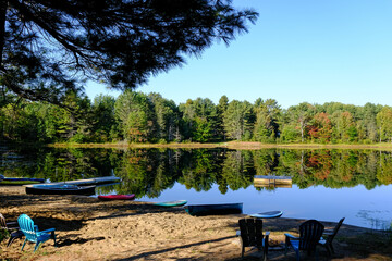 Small lake with the beach, fire pit, kayaks and paddleboards