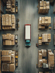 delivery truck positioned in warehouse surrounded by stacked boxes, showcasing organized loading area. scene conveys efficiency and logistics management