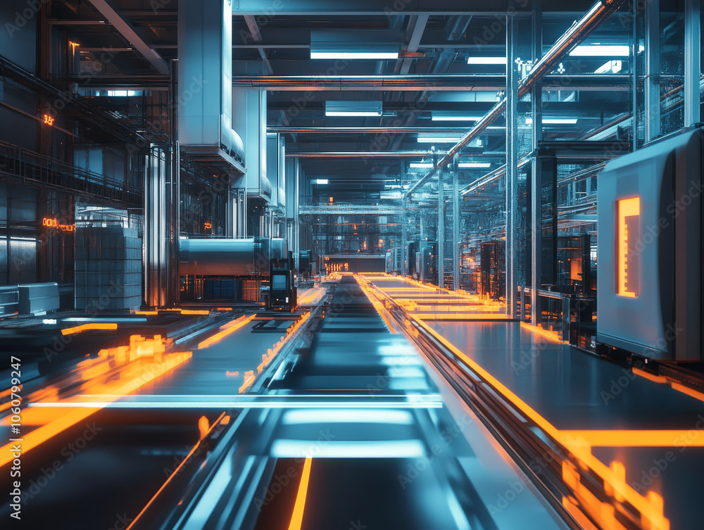 Poster modern logistics facility featuring advanced technology, automated systems, and illuminated pathways