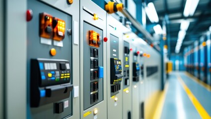 Industrial control panel, electrical switchboard, power distribution unit, circuit breakers, buttons and switches, blue and gray color scheme, fluorescent lighting, technical equipment, factory automa