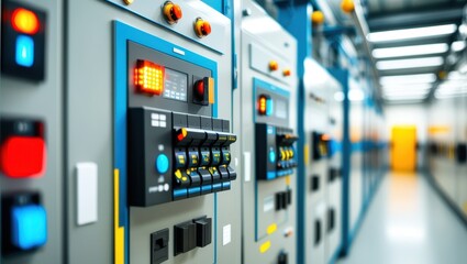 Industrial control panel, electrical switchboard, power distribution unit, circuit breakers, buttons and switches, blue and gray color scheme, fluorescent lighting, technical equipment, factory automa