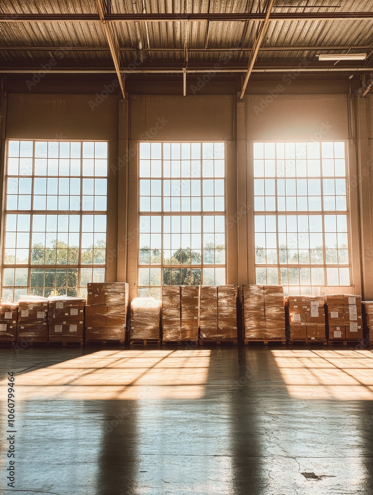 Poster warehouse interior with large windows allowing natural light to illuminate stacked boxes, creating w