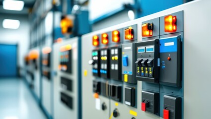 Industrial control panel, electrical switchboard, power distribution unit, circuit breakers, buttons and switches, blue and gray color scheme, fluorescent lighting, technical equipment, factory automa