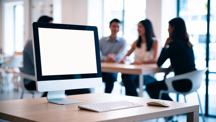 Contemporary office with computer and team meeting in progress