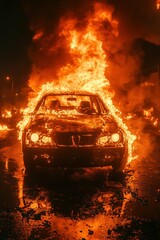 A car engulfed in intense flames after a violent crash
