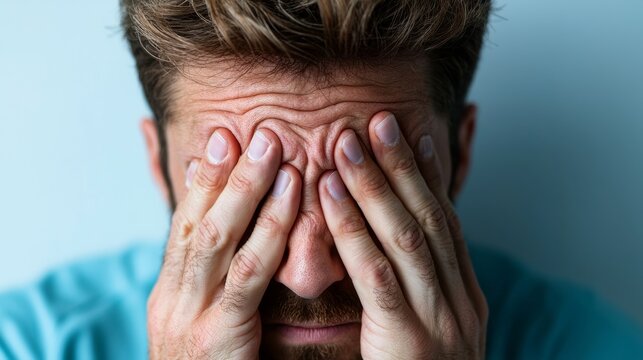 Close-up of a man covering his face with hands, expressing stress or frustration. Blue background, casual clothing, emotional moment.