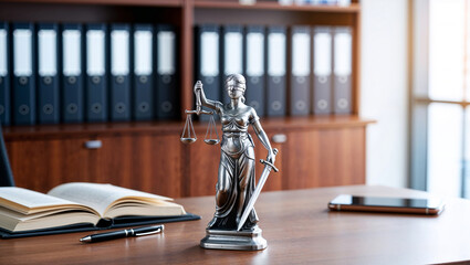 Lady Justice statue with books in a law office setting decorum.