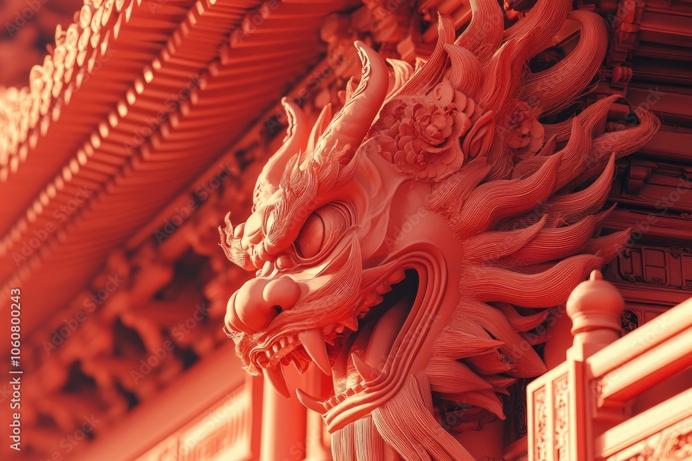 Poster a close-up view of a dragon's head integrated into the design of a building facade