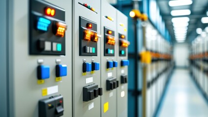 Industrial control panel, electrical switchboard, power distribution unit, circuit breakers, buttons and switches, blue and gray color scheme, fluorescent lighting, technical equipment, factory automa
