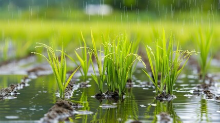 Young rice plants bask in the gentle rain, their vibrant green contrasting with the dark water below. The rain nourishes the soil, promising a bountiful harvest.
