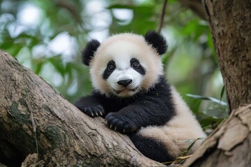 Fototapeta premium A panda bear is sitting in a tree, offering a moment of serenity and tranquility