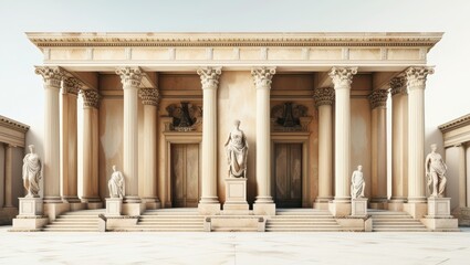 Obraz premium Ancient Roman architecture, ornate columns, symmetrical design, marble temple facade, grand entrance, Corinthian capitals, classical statues, sepia tones, historical illustration, architectural detail