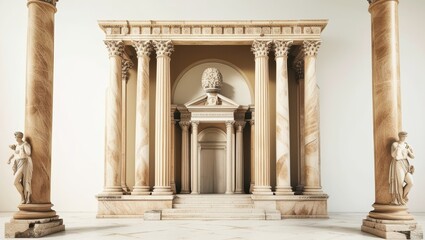 Obraz premium Ancient Roman architecture, ornate columns, symmetrical design, marble temple facade, grand entrance, Corinthian capitals, classical statues, sepia tones, historical illustration, architectural detail