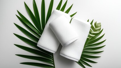 White cosmetic bottles, tropical palm leaves, minimalist bathroom products, clean skincare packaging, natural beauty concept, green and white color scheme, textured background, product photography, sp
