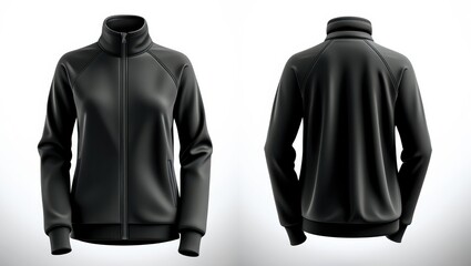 Black athletic jacket, front and back view, sportswear, full-zip, stand-up collar, long sleeves, minimalist design, monochrome, 3D rendering, product photography, realistic texture, athletic apparel, 