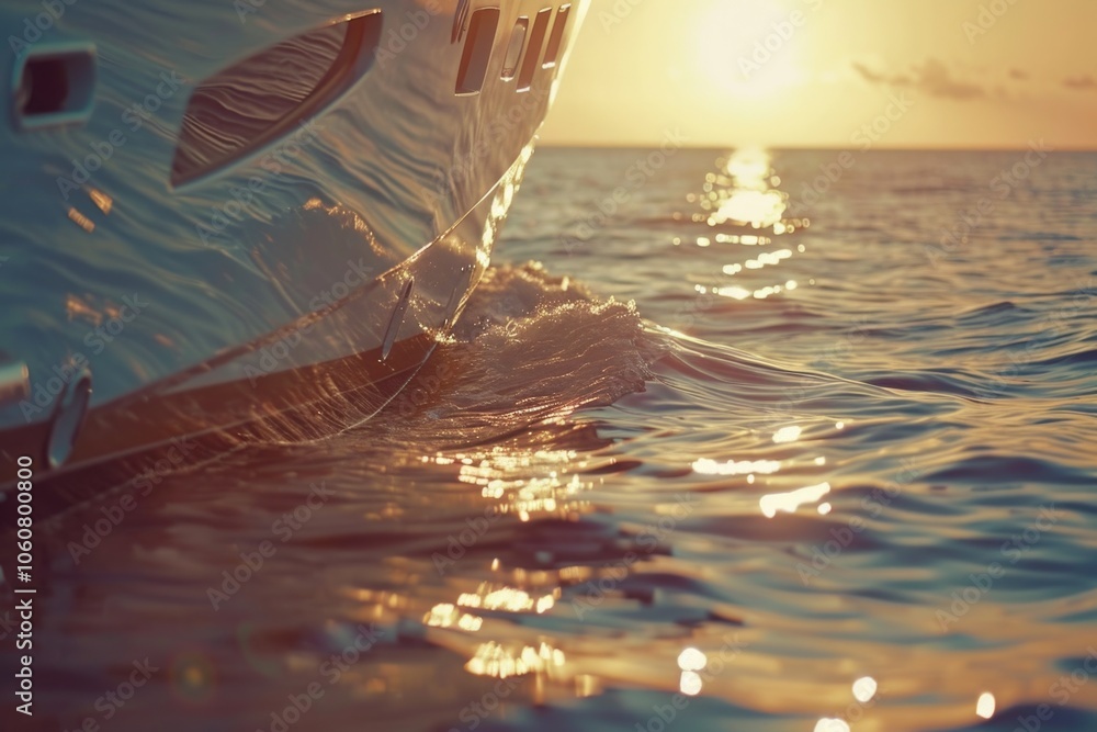 Aufkleber a boat floating on the surface of the water with the setting sun in the background