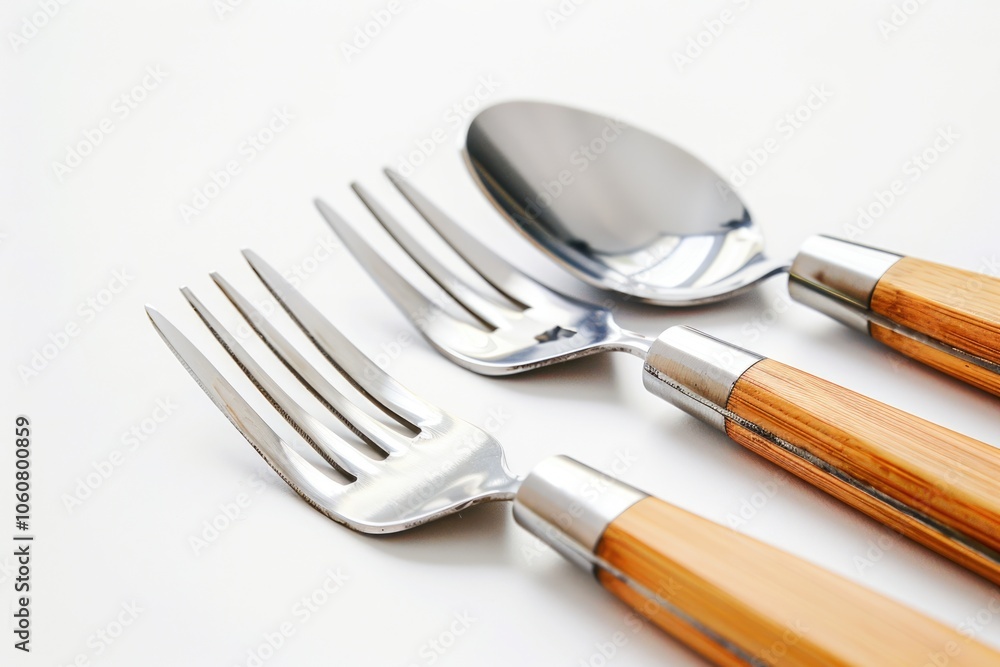 Poster Three forks and two spoons arranged neatly on a white background
