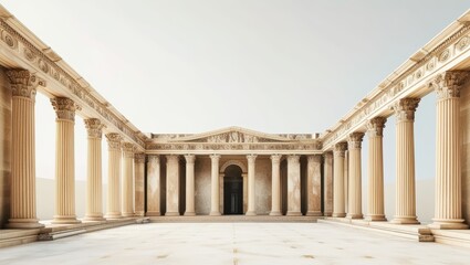 Fototapeta premium Ancient Roman architecture, ornate columns, symmetrical design, marble temple facade, grand entrance, Corinthian capitals, classical statues, sepia tones, historical illustration, architectural detail