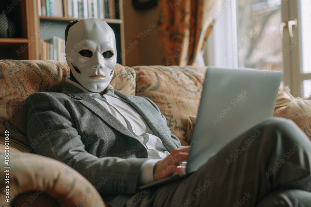 Poster a man in a suit sits on a couch with a laptop, likely working remotely
