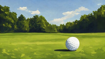 Golf ball on the green, in the style of a cartoon, simple background, oil painting, brush strokes