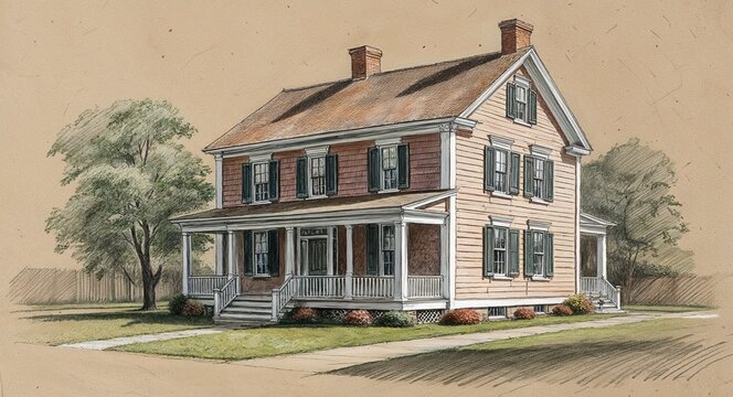 Early American saltbox house hand drawing