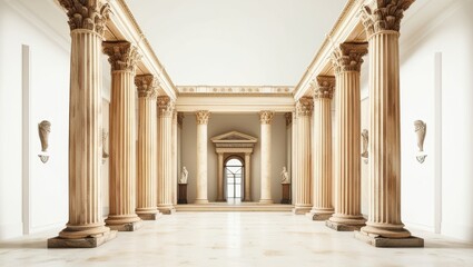 Fototapeta premium Ancient Roman architecture, ornate columns, symmetrical design, marble temple facade, grand entrance, Corinthian capitals, classical statues, sepia tones, historical illustration, architectural detail