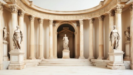 Ancient Roman architecture, ornate columns, symmetrical design, marble temple facade, grand entrance, Corinthian capitals, classical statues, sepia tones, historical illustration, architectural detail