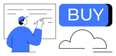 Man pointing at large BUY button with cloud element. Ideal for e-commerce, online shopping, digital marketing, sales strategies, user interactions, web design, and business growth. Line metaphor