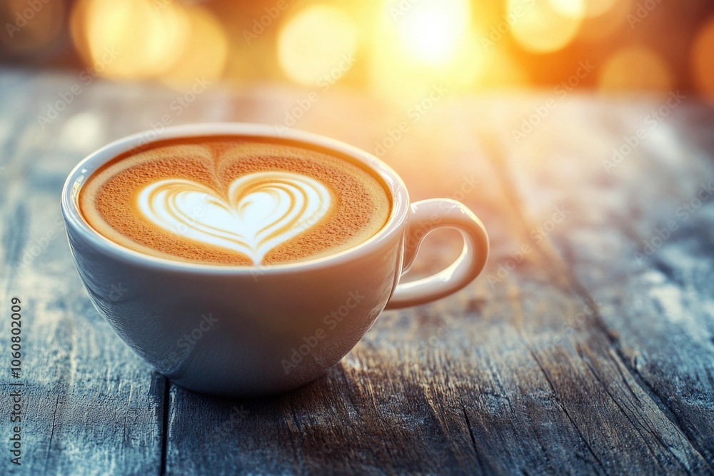 Poster a cup of coffee placed on a wooden table with a rustic background