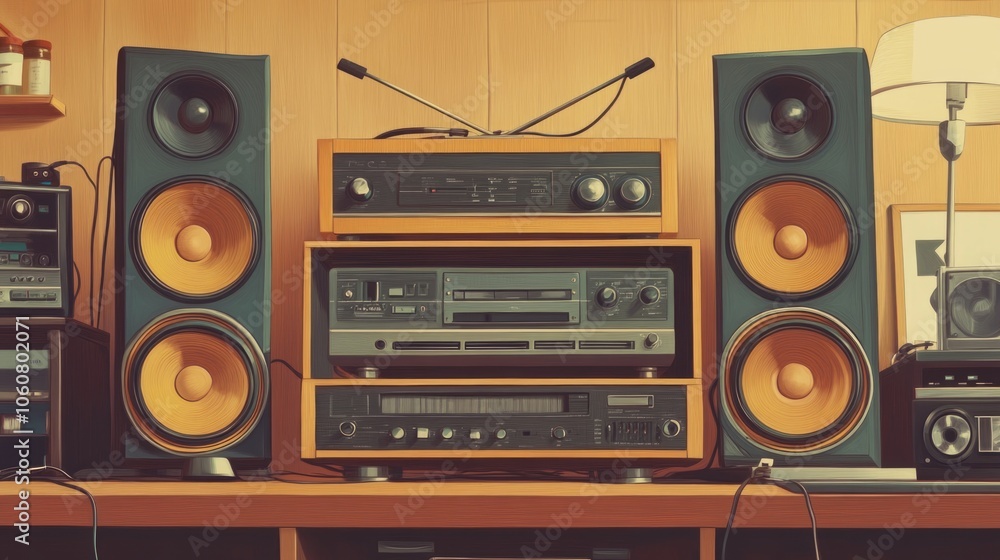 Poster a group of people sitting on a wooden table with speakers in a casual setting