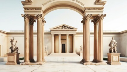 Obraz premium Ancient Roman architecture, ornate columns, symmetrical design, marble temple facade, grand entrance, Corinthian capitals, classical statues, sepia tones, historical illustration, architectural detail