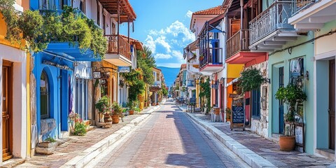 Obraz premium A view of the main street in Theologos, a town on the island of Thassos in Greece.