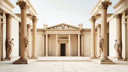 Obraz premium Ancient Roman architecture, ornate columns, symmetrical design, marble temple facade, grand entrance, Corinthian capitals, classical statues, sepia tones, historical illustration, architectural detail