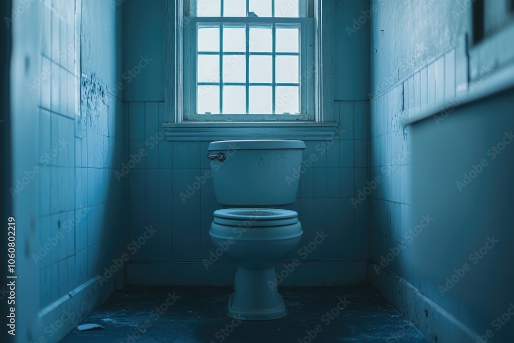 Poster toilet in a bathroom setting with a window nearby, suitable for interior design and architecture ima