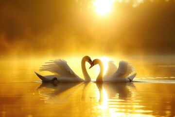 Two swans swimming together, forming a heart shape with their bodies